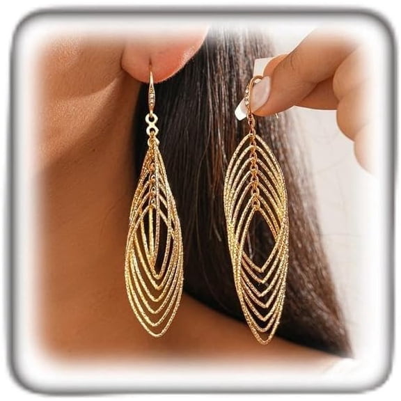 Gold Long Layered Interwoven Drop Earrings for Women, Big Geometric Twisted Oval Zirconia Dangle Earrings Vintage Statement Jewelry Party Prom Gifts