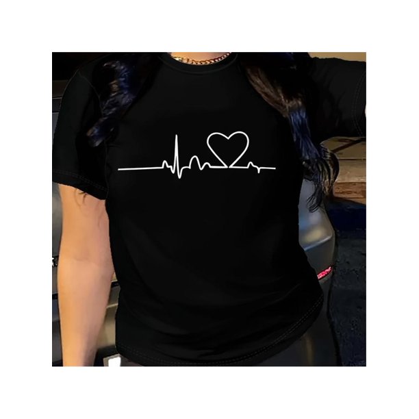 Heart Print T-shirt, Short Sleeve Crew Neck Casual Top For Summer & Spring, Women's Clothing, Black Graphic Tee, Spandex Fabric, Regular Length