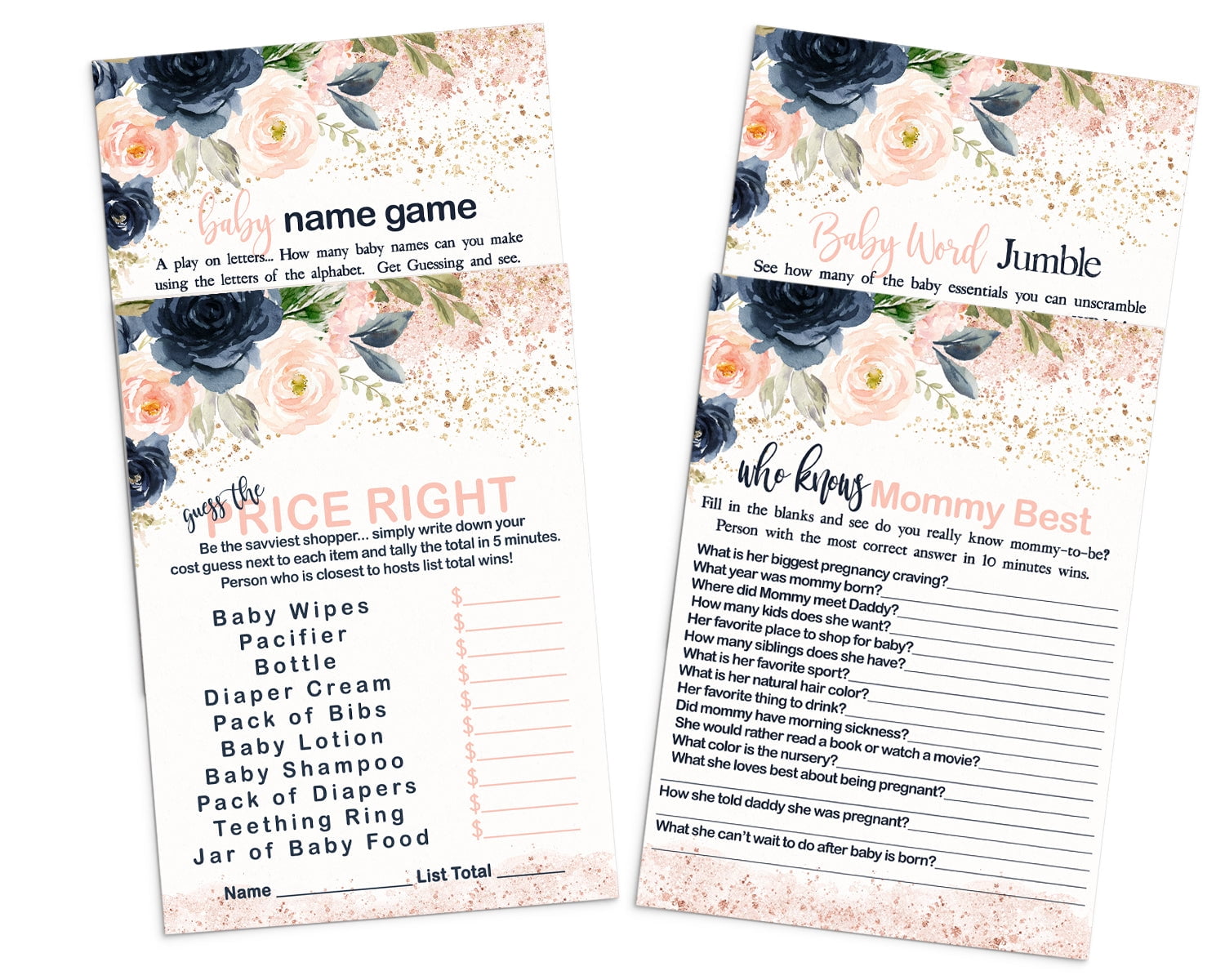 Blushing Baby Shower Game Card Bundle 4in1, Who Knows Mommy Best