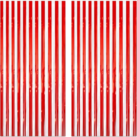 Sinekong 2 pack Tinsel Foil Fringe Curtains, 3.2x6.6Ft Red & White Streamer Backdrop, Circus Welcome Carnival Birthday Party Decor