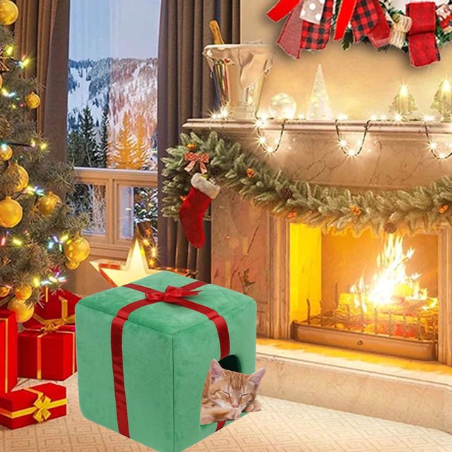 Decoraciones navideñas Bocqde Cama navideña para gatos Cama para perros Cama cálida para mascotas Otoño e Invierno Casa para gatitos Suministros para mascotas Caja de regalo navideña desmontable