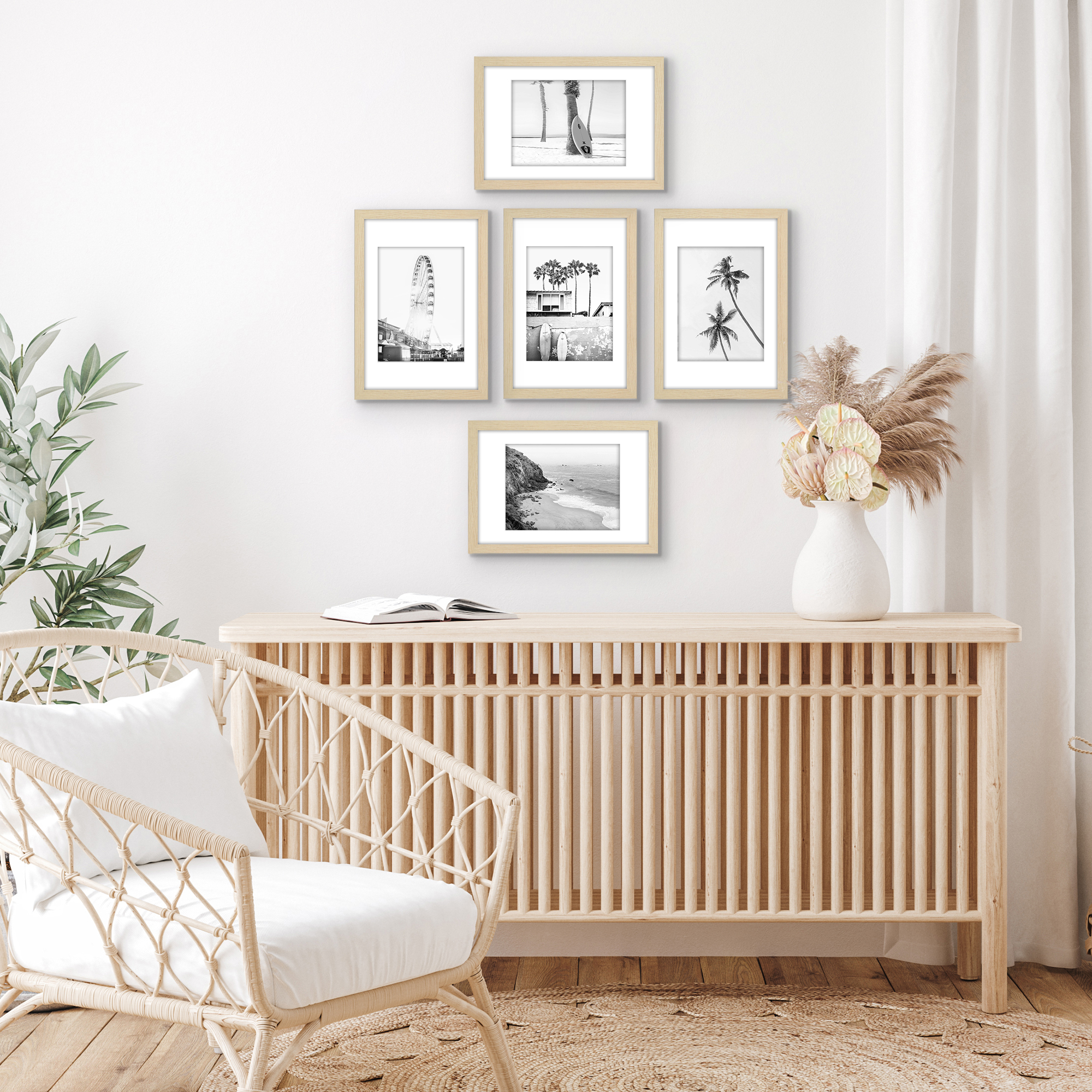 Americanflat 8x12 Picture Frame with Polished Plexiglass with 6x8 Mat 5 Pack Display Photo Wall - Natural Oak