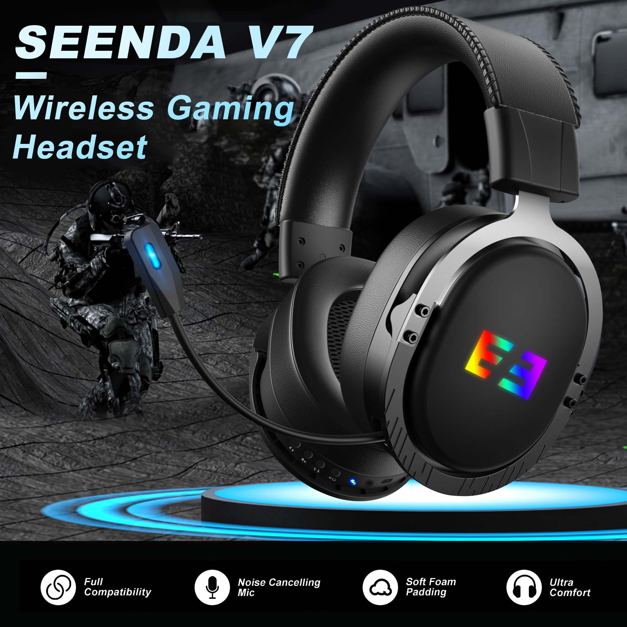 Seenda Wireless Gaming Headset for PS4 PC Xbox One PS5 Controller, Noise Cancelling Over Ear Headphones with Mic, LED Light, Bass Surround