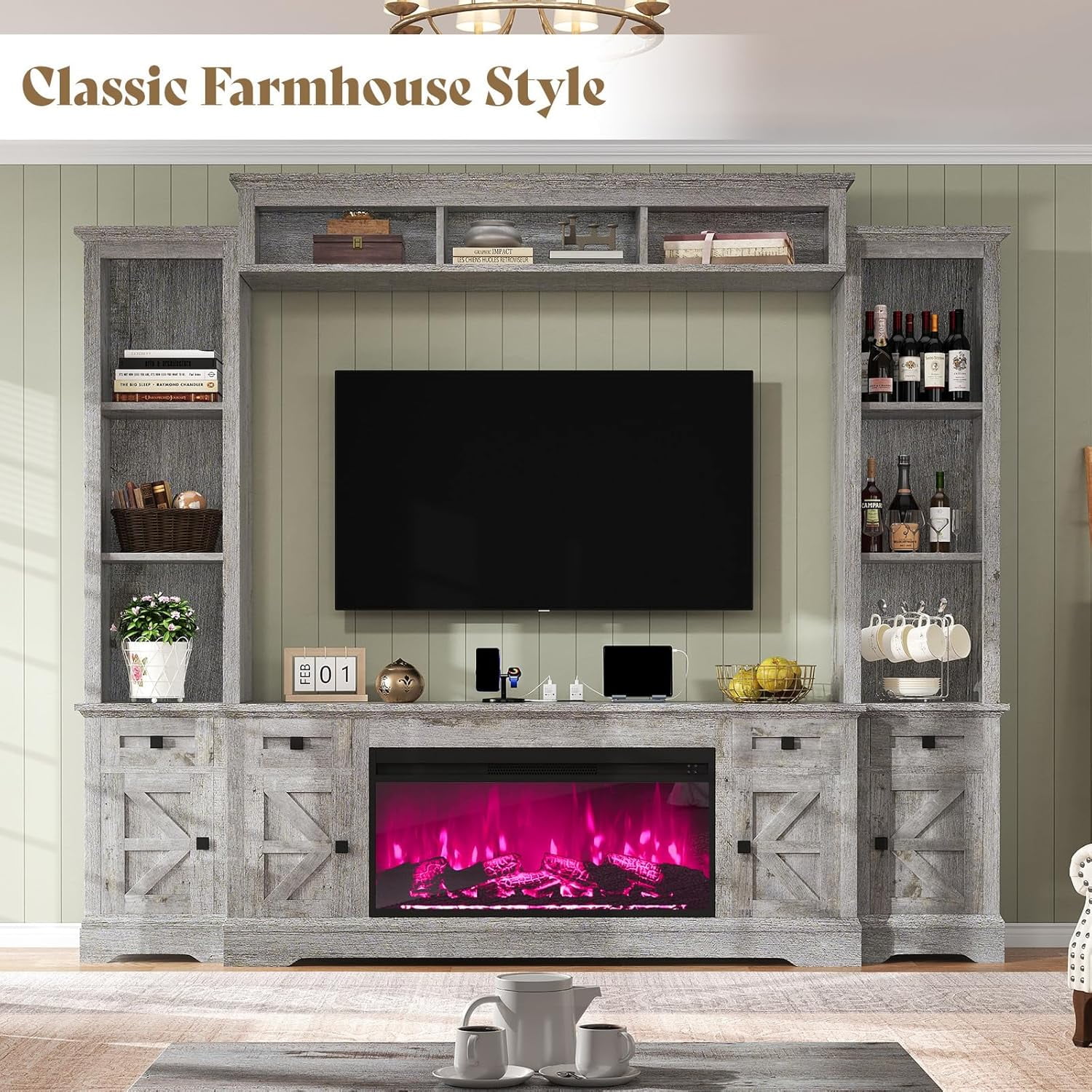 Merluxy Farmhouse TV Stand with Fireplace,Power Outlets,Bookshelves & Wine Cabinet for 78" TVs,Grey