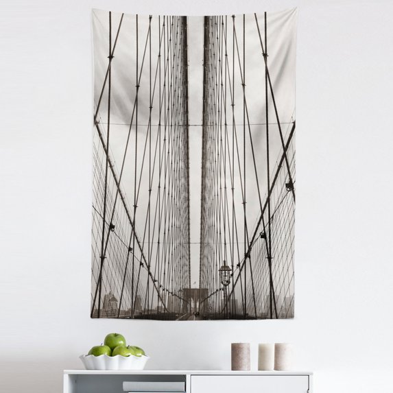 New York Tapestry, Brooklyn Bridge Cables and New York City Downtown Skyline Photography Urban, Fabric Wall Hanging Decor for Bedroom Living Room Dorm, 5 Sizes, Dust and Black, by Ambesonne