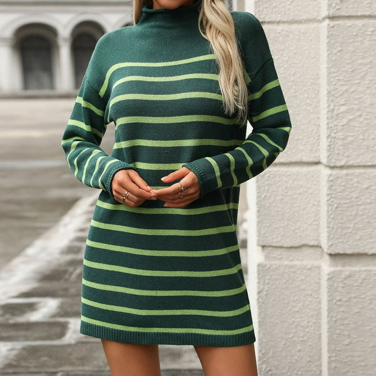 T Shirt Dress Women Long Sleeve Turtle Neck Dress Knit Stretch 