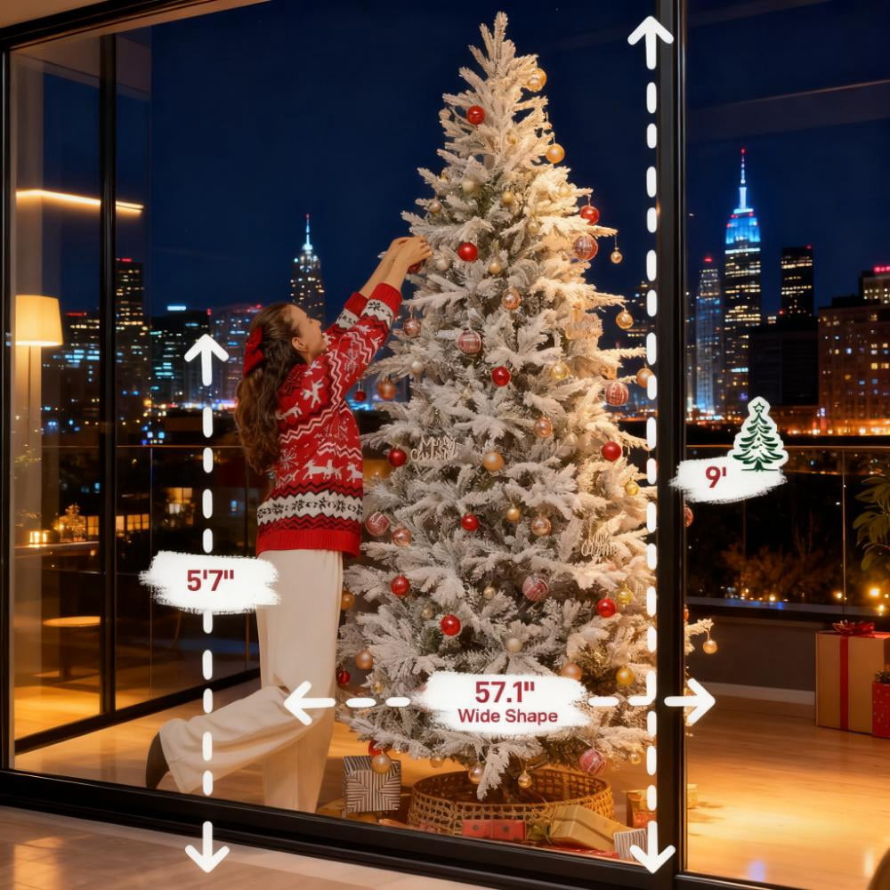 9ft Snow Flocked Full Christmas Tree 2514 Tips Quick Setup Flame Retardant Indoor Holiday Decor