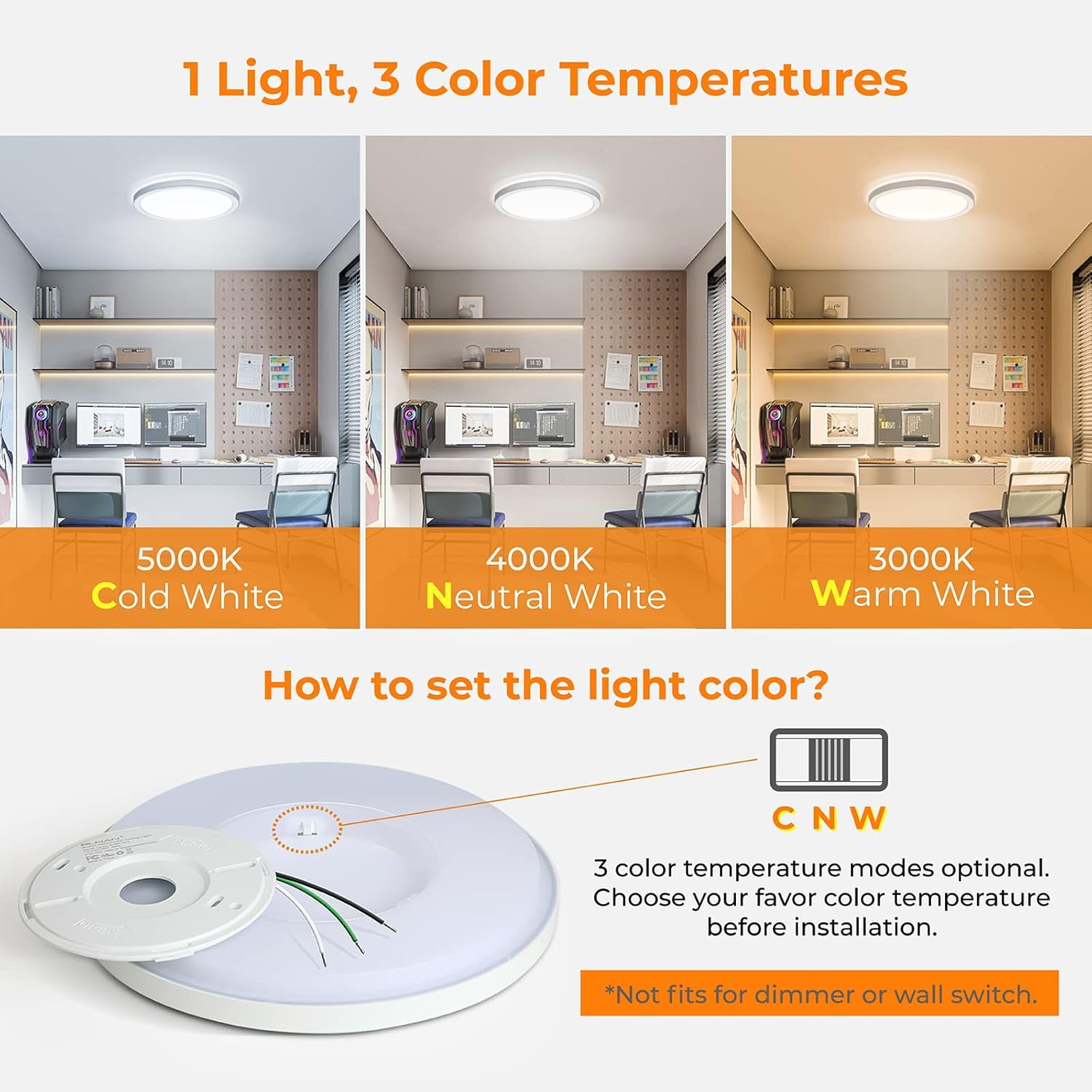 BLNAN 12'' LED Flush Mount Ceiling Light Fixture,24W 2400LM 3000K/4000K/5000K Ultra Thin Round White Lamp for Kitchen Porch Bedroom Hallway Stairwell Basement, Non-dimmable,2PCS