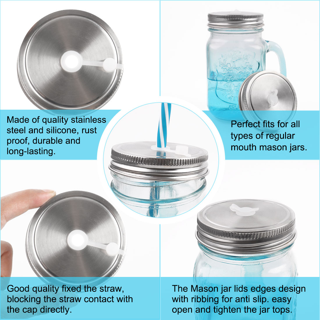 Unique Bargains 2 Pcs Stainless Steel Mason Jar Lids with Straw Hole for Drinking
