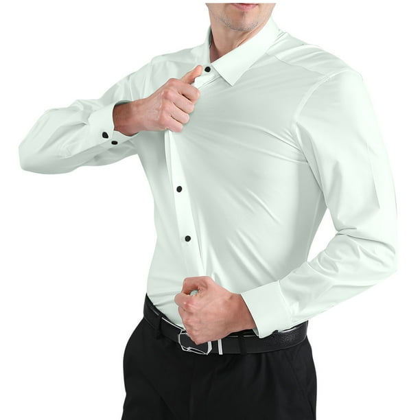 pstuiky camisetas de manga larga para hombre, Camisas casuales de moda para hombre con botones y cuello vuelto de tela elástica sólida salir tops xxl