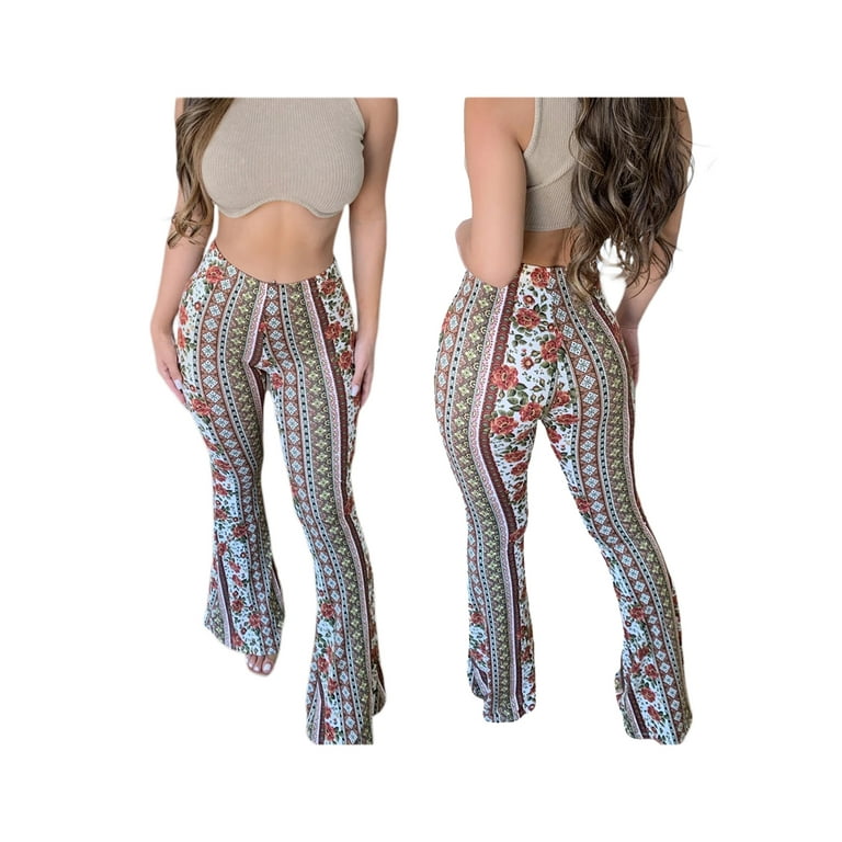 brilliantme Women Leggings High Waist Flare Pants Slim Fitming Fit Casual  Straight Retro Floral Print Comfy Yoga Trousers