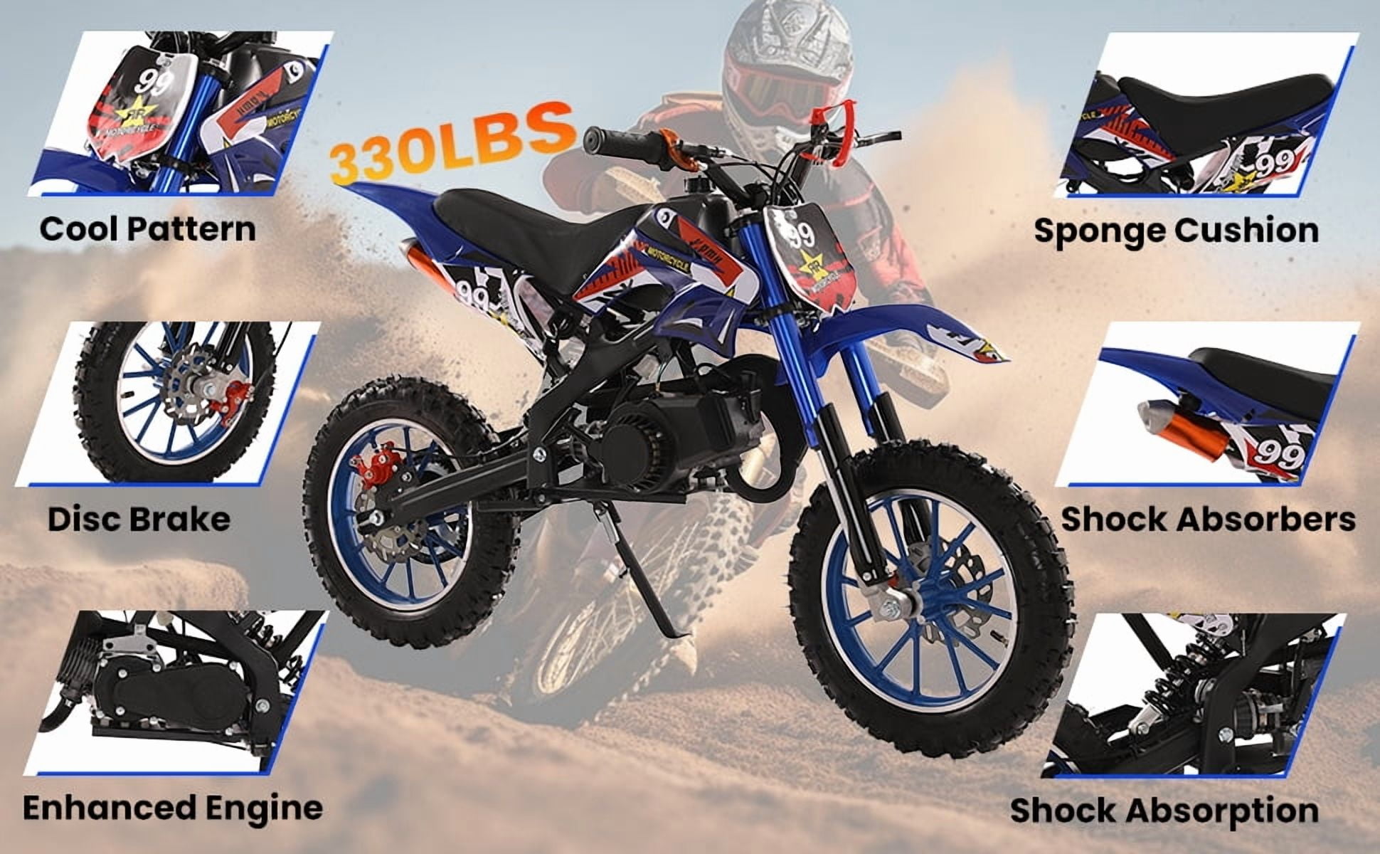49cc 2-Stroke Kids Dirt Bike - 40KM/H Gas Powered Off-Road Motorcycle with Front/Rear Disc Brakes (Red)