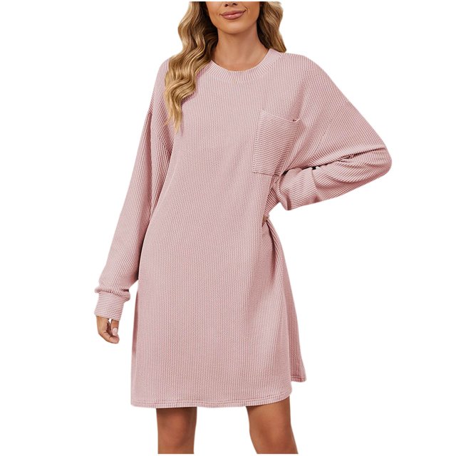Amzcrzy Robe Femme Couleur Unie Manches Longues Robes de Printemps Col Rond Côtelé Robe d'Été Mini Robe Décontractée avec Poche