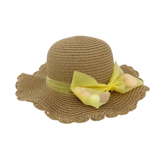 Sombrero Para Playa De Niña Ondulado Tejido De Paja C/ Moño cafe