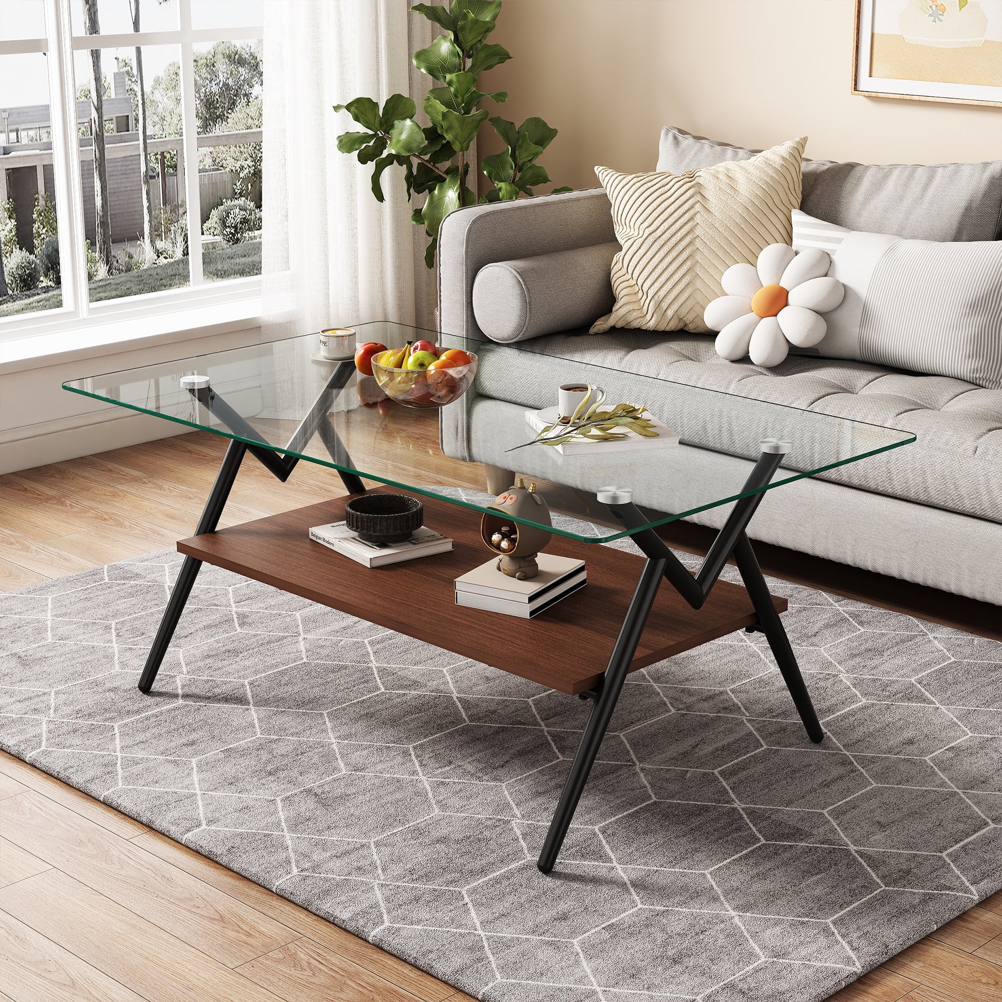 Euroco Rectangle Coffee Table with Tempered Glass top and Black Metal Legs, Modern Table for Living Room , Transparent Glass