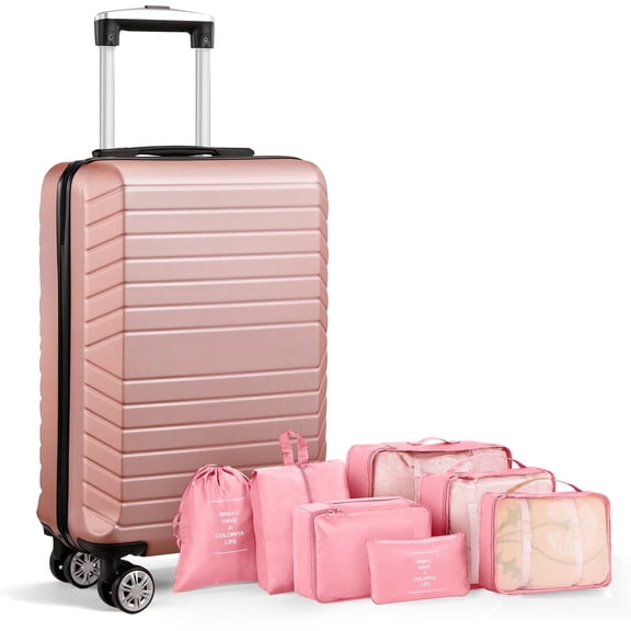 20" Carry-on Luggage Set,Hardside Lightweight ABS Suitcase with 7 Pieces Organizer Bags,Rose Gold