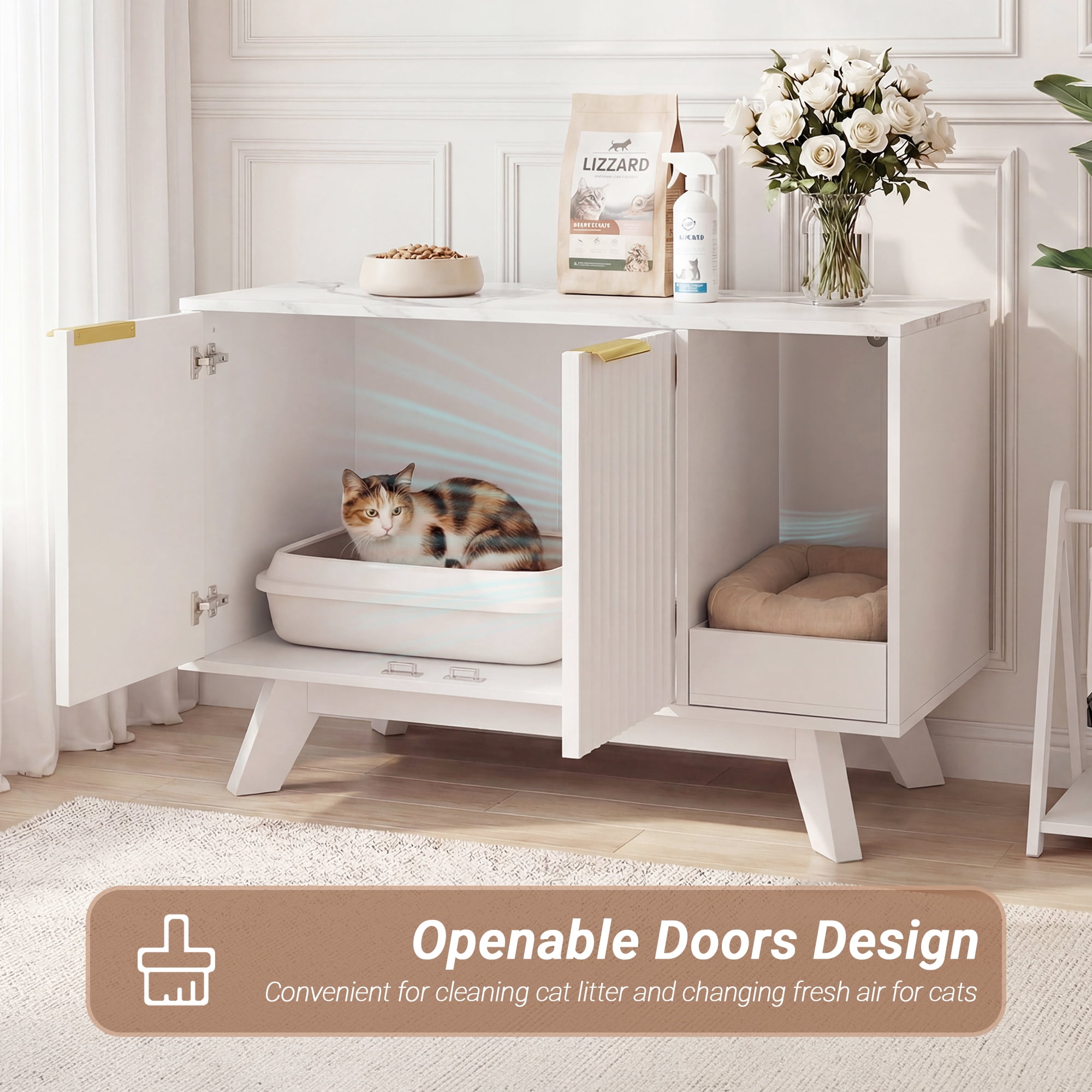 Innovar Modern Cat Litter Box Enclosure - 31.5" Hidden Cat Litter Box Furniture for 2 Cats, Indoors Cats Washroom Cabinet with Divider & Scratching Pad for Living Room Bedroom,White/Marble Top