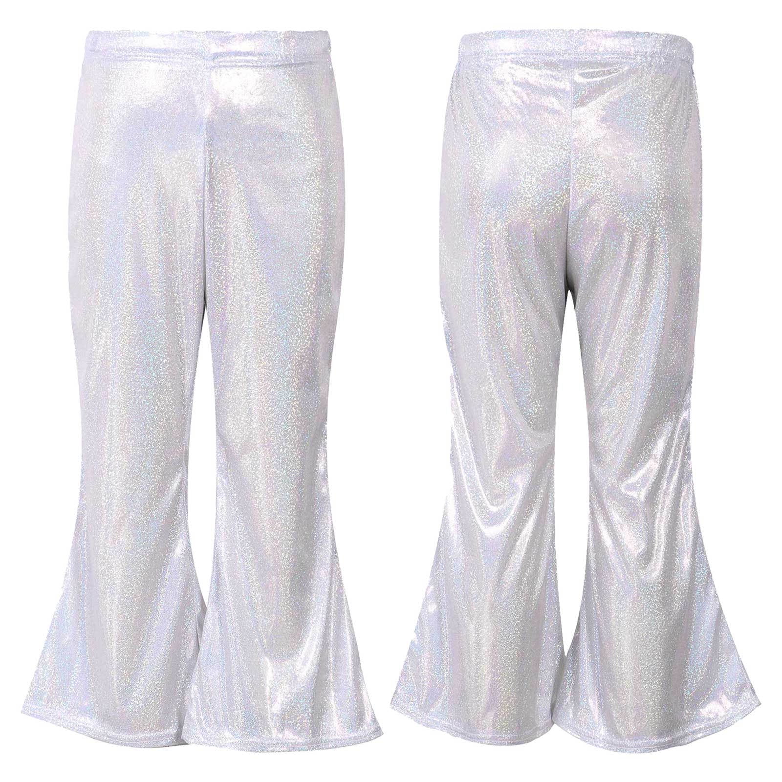 Aislor Girls Shiny Metallic Flare Pants Hip Hop Jazz Dance Pants Hippie Bell Bottom Wide Leg