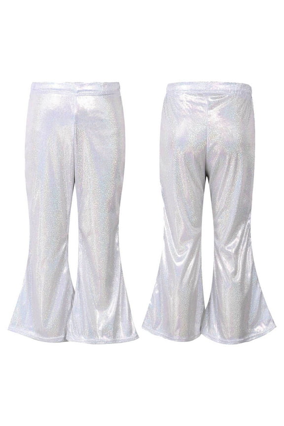 Girls Shiny Metallic Flare Pants Hip Hop Jazz Dance Pants Hippie Bell Bottom Wide Leg Trousers Dancewear