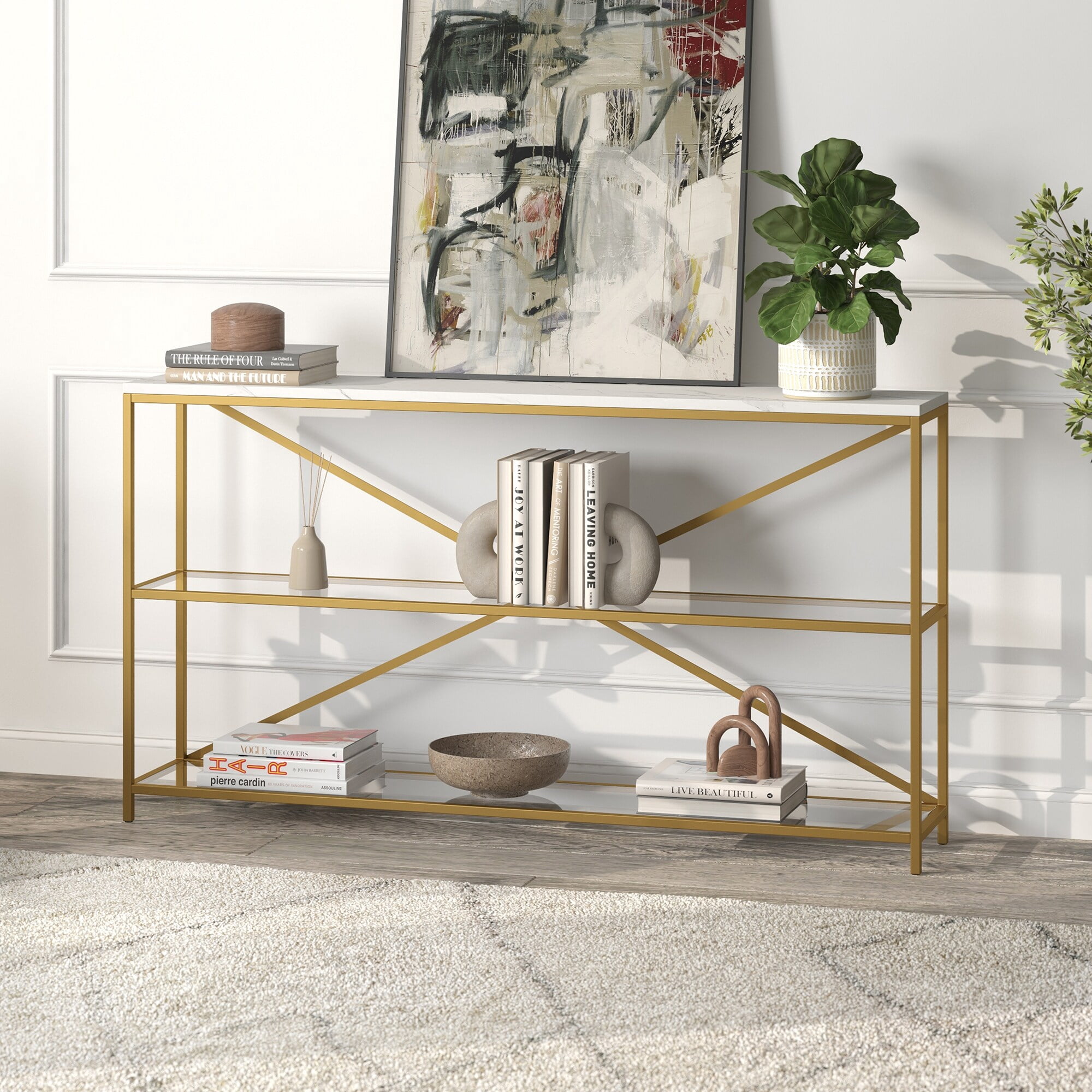 Evelyn&Zoe Fionn 55" Wide Rectangular Console Table with Faux Marble Top, Blackened Bronze