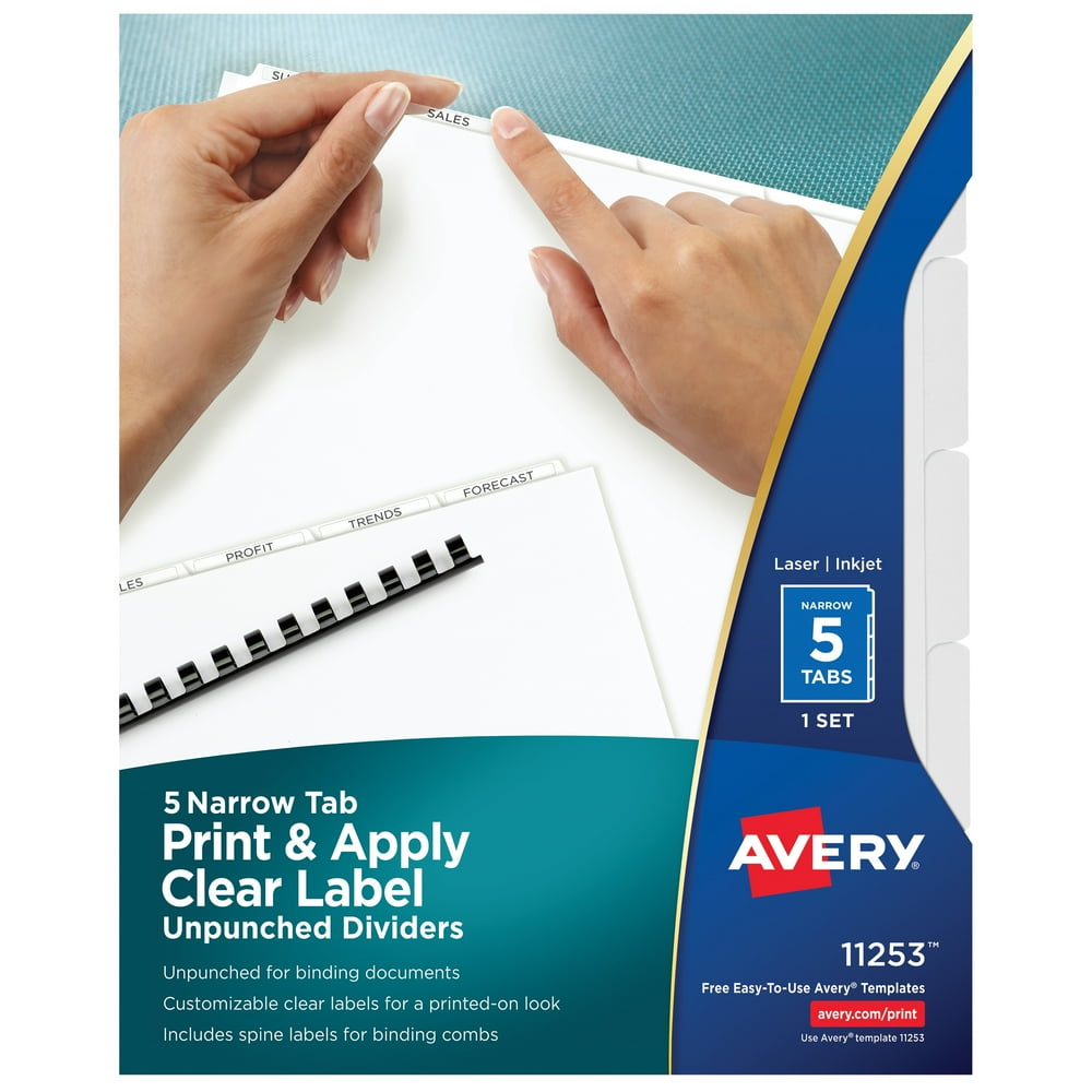 Avery Print &amp; Apply Clear Label Narrow Tab Unpunched Dividers, 5 White ...