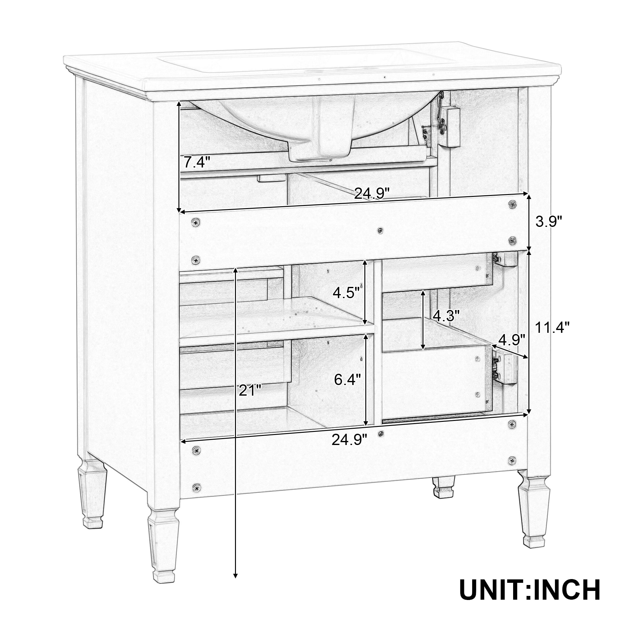 Aukfa 30" Bathroom Vanity with Sink,Modern Bathroom Sink Cabinet for Small Spaces,Ceramic Top & Flip Drawer,White