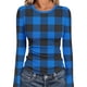 thumbnail image 2 of RKSTN Women's Long Sleeve Ribbed Knitted Shirts Oversized Crewneck Plaid Print Slim T Shirts Top Womens Casual Plus Size Round Neck Checkered Printed Stretch Loose Comfy Tee Fall Spring Clothes, 2 of 7