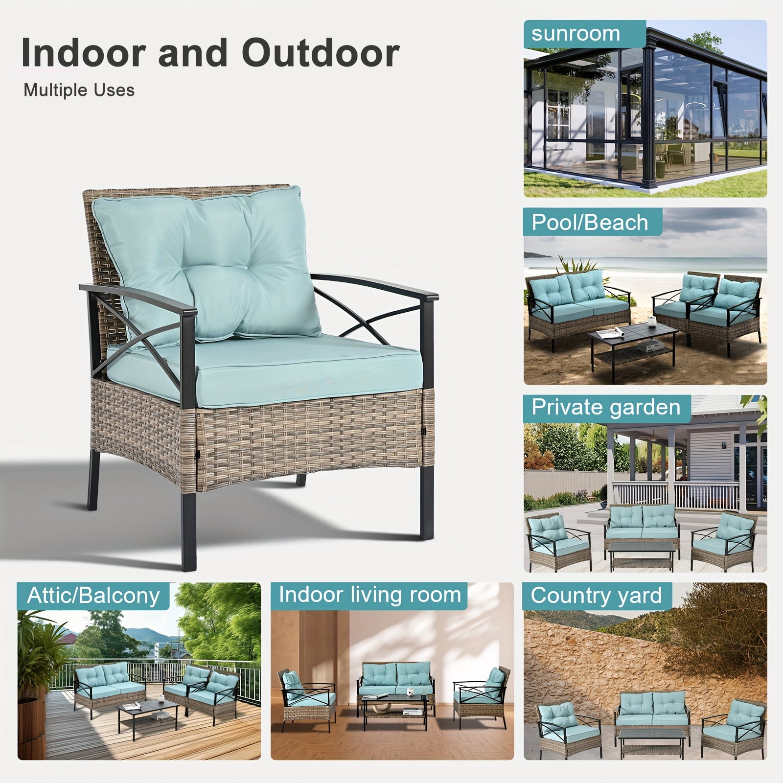 Highsound 4 Pcs Patio Rattan Wicker Furniture set, Outdoor Sectional Sofa Set with Large Coffee Table, Blue