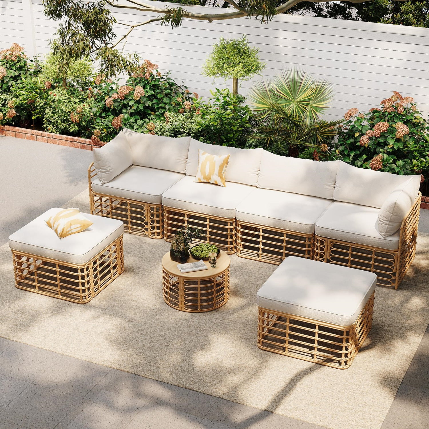 Highsound 7 Piece Patio Furniture Sets Outdoor Sectional PE Rattan Outdoor Furniture Patio Conversation Set with Cushions and Coffee Table, for Balcony Lawn and Garden, Beige