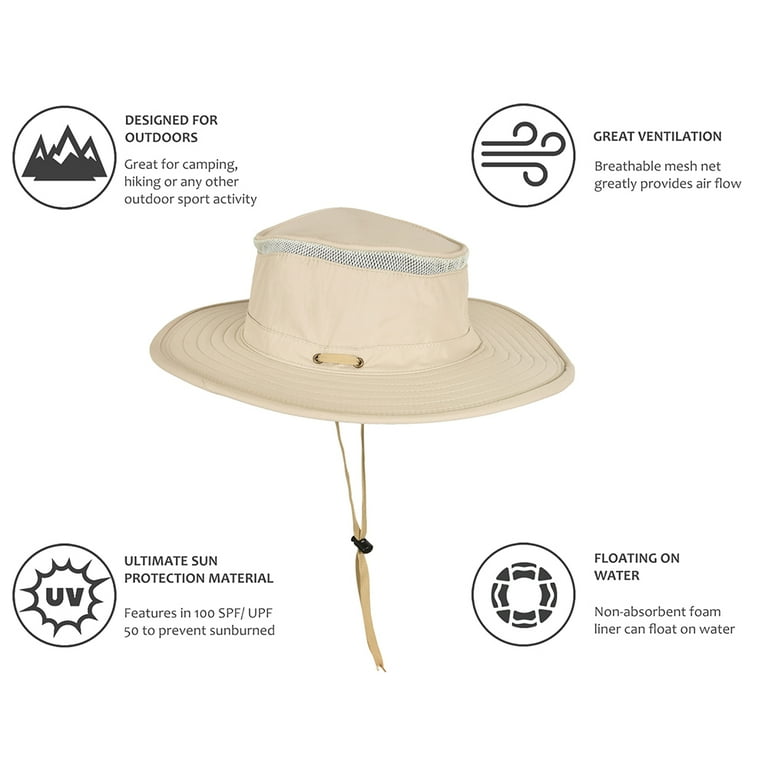 Sun Blocker Outdoor Boonie Sun Protection Hat Wide Brim Mesh Hat for Boating Hiking Camping Fishing Hunting Safari with Adjustable Drawstring Tan