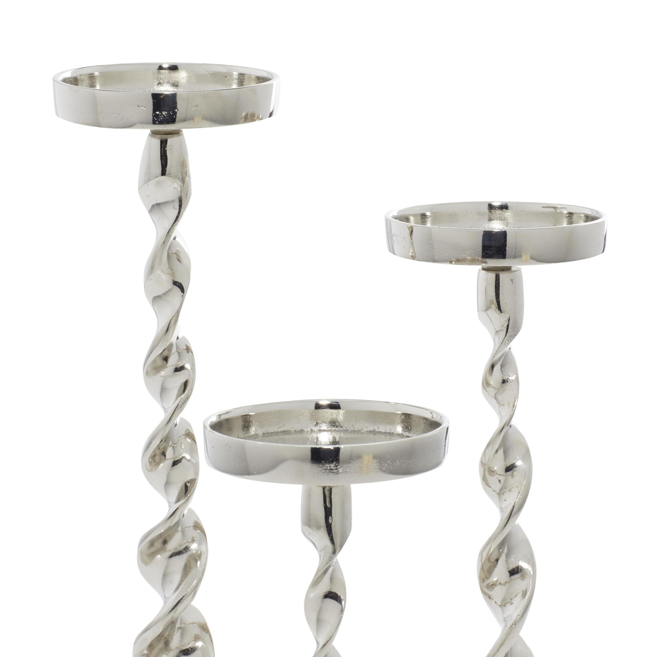 DecMode Aluminum Coastal Barley Twist Designed Candleholder Set of 3, 19", 16", 13" H, with High Gloss Silver and Slight Distressed Finish