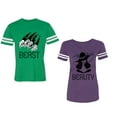 thumbnail image 1 of Beast Beauty Unisex Couple Matching Cotton Jersey style T-Shirt Contrasting stripes on sleeves (Men Green / Women Purple) (Men L / Women XL), 1 of 3