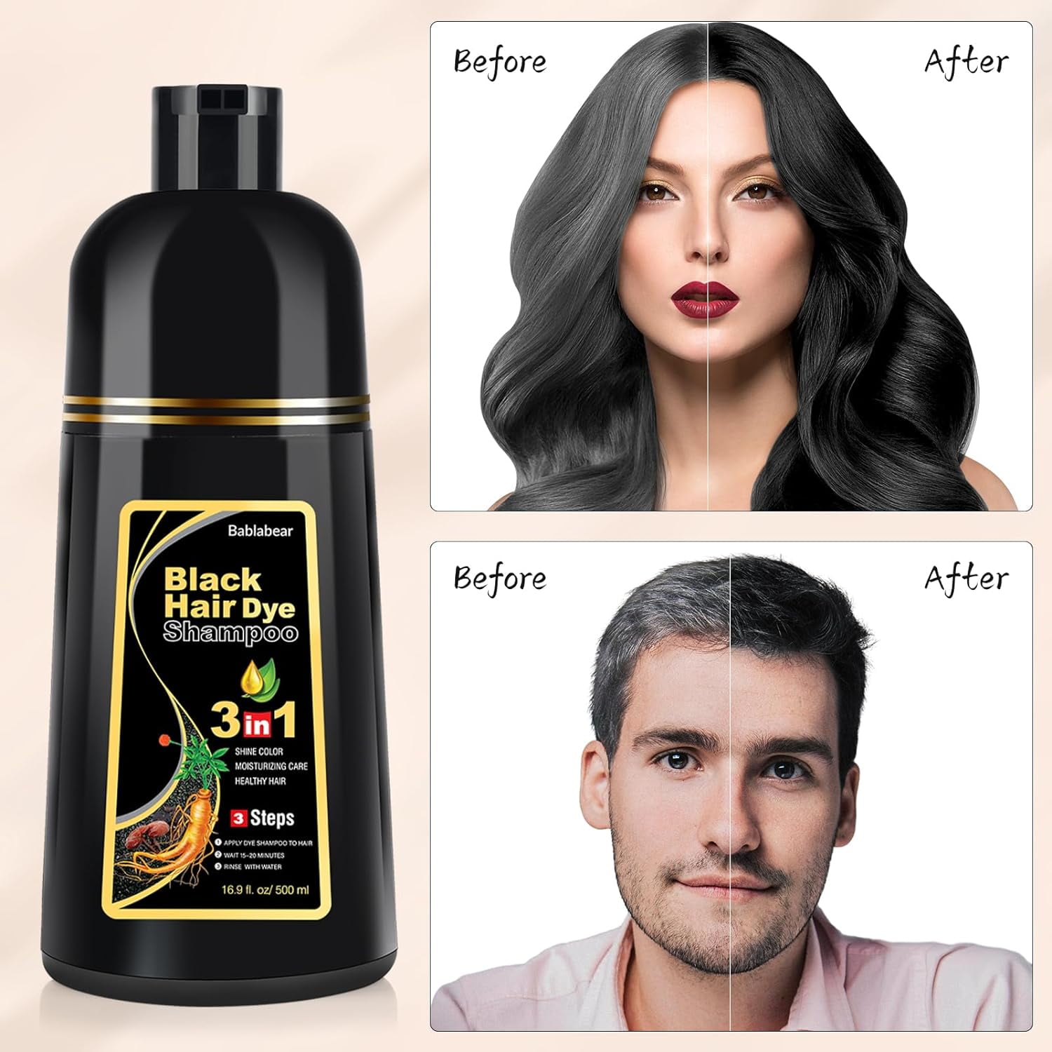 MEIDU Black Hair Dye Shampoo for Gray Hair, Semi-Permanent Hair Color Shampoo for Women and Men, Herbal, 3 in 1 100% Grey Cover