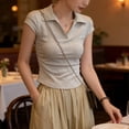thumbnail image 5 of XPMWRP Women's Short Sleeve Shirt Collared V Neck Slim Fitted Tight Casual Tees Ruched Going Out Tops Fashion Clothes Gray L, 5 of 6