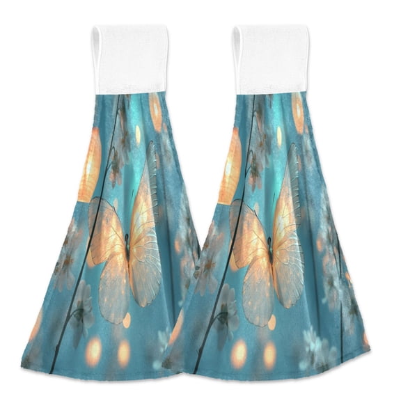 BZSMCE Hanging Hand Towels Fashion Butterfly Amidst Flowers and Foliage Pattern 2-Pack - Velcro Style Bathroom Kitchen Towels