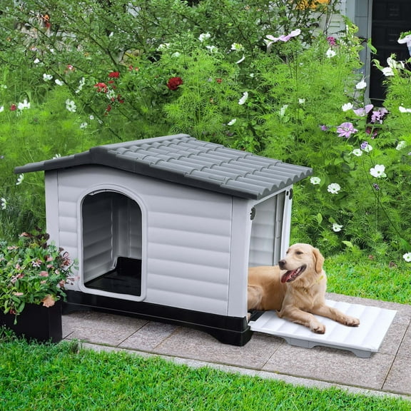 ModFusion Large Plastic Dog House with Double Doors, Non-Slip Mat, Sloping Roof, and Adjustable Skylight