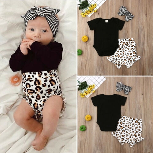 3Pcs Toddler Baby Girls Romper Leopard Pants For Newborn Headband Outfits Cotton 