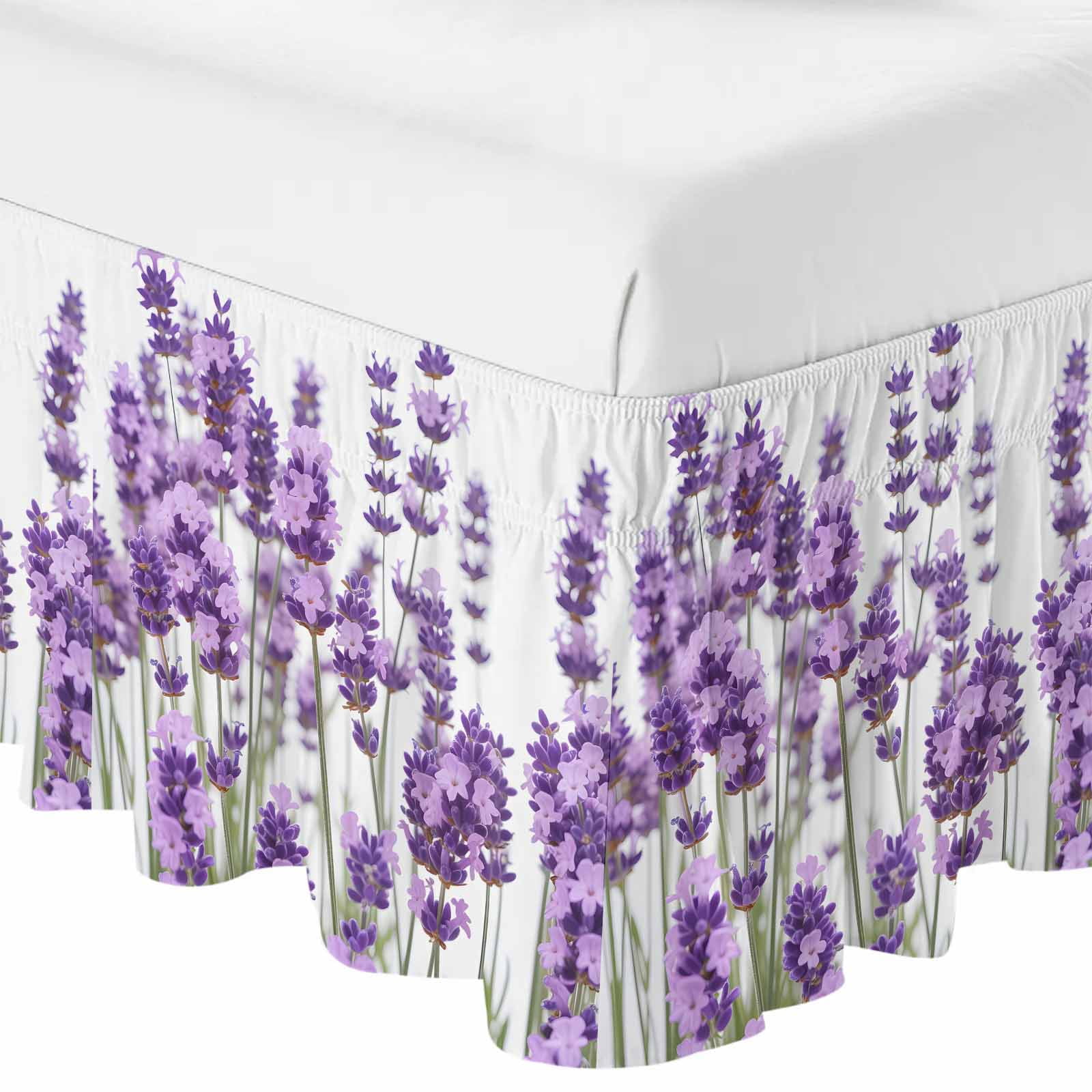 Bed Skirt Lavender Adjustable Elastic Wrap-Around Dust Ruffle with Purple Floral Leaves Plant White Background 18 Inch Drop, Bed Frame Cover for Queen Size Bed