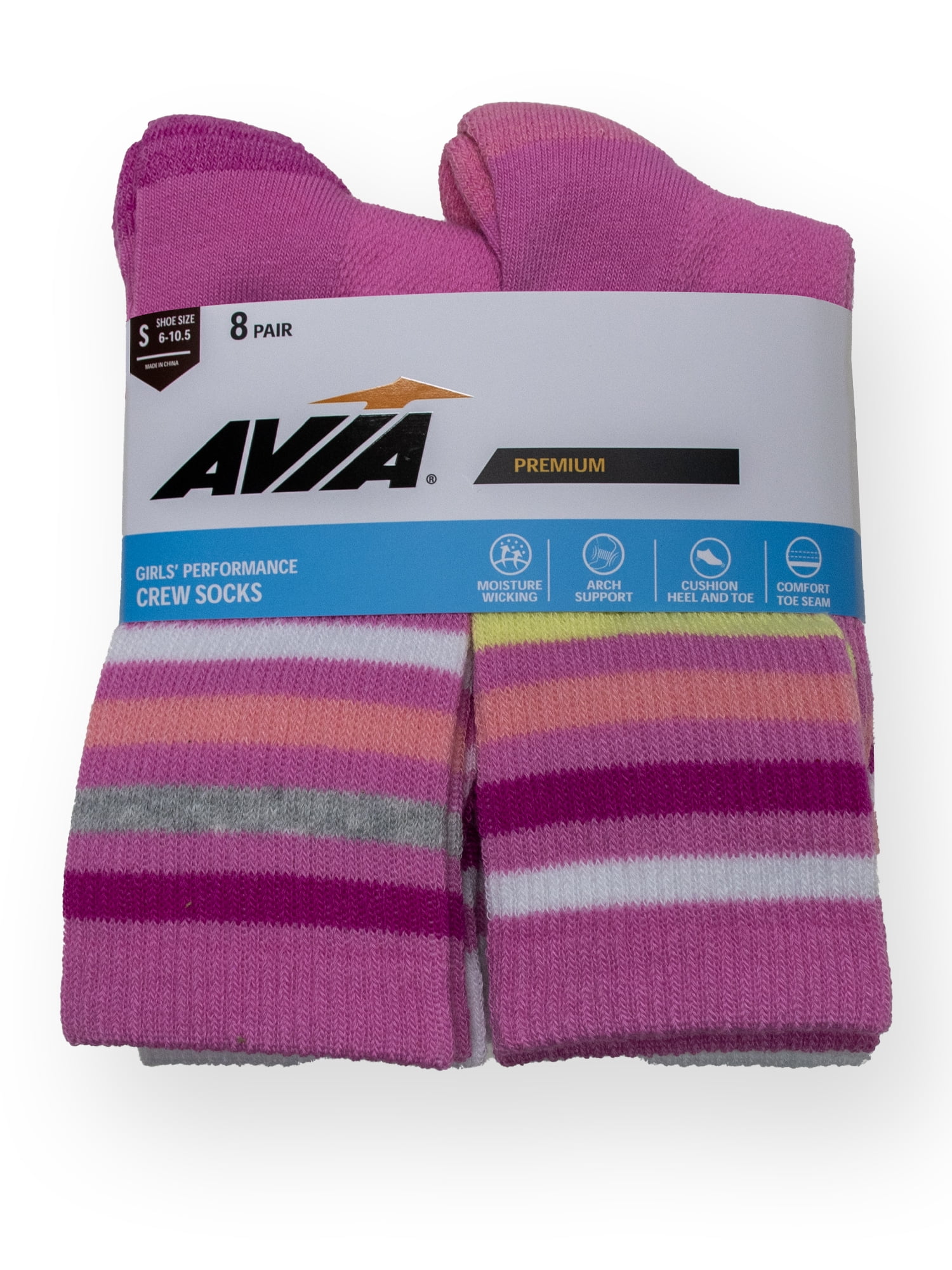 Avia Girls Performance Cushioned Crew Socks for Girls, Sizes S-L, 8 Pairs