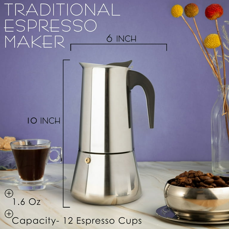 Mixpresso 12 Cup Greca Stovetop Espresso Maker 600ml/20oz, Moka Pot with Coffee Percolator Design, Stainless Steel Stove
