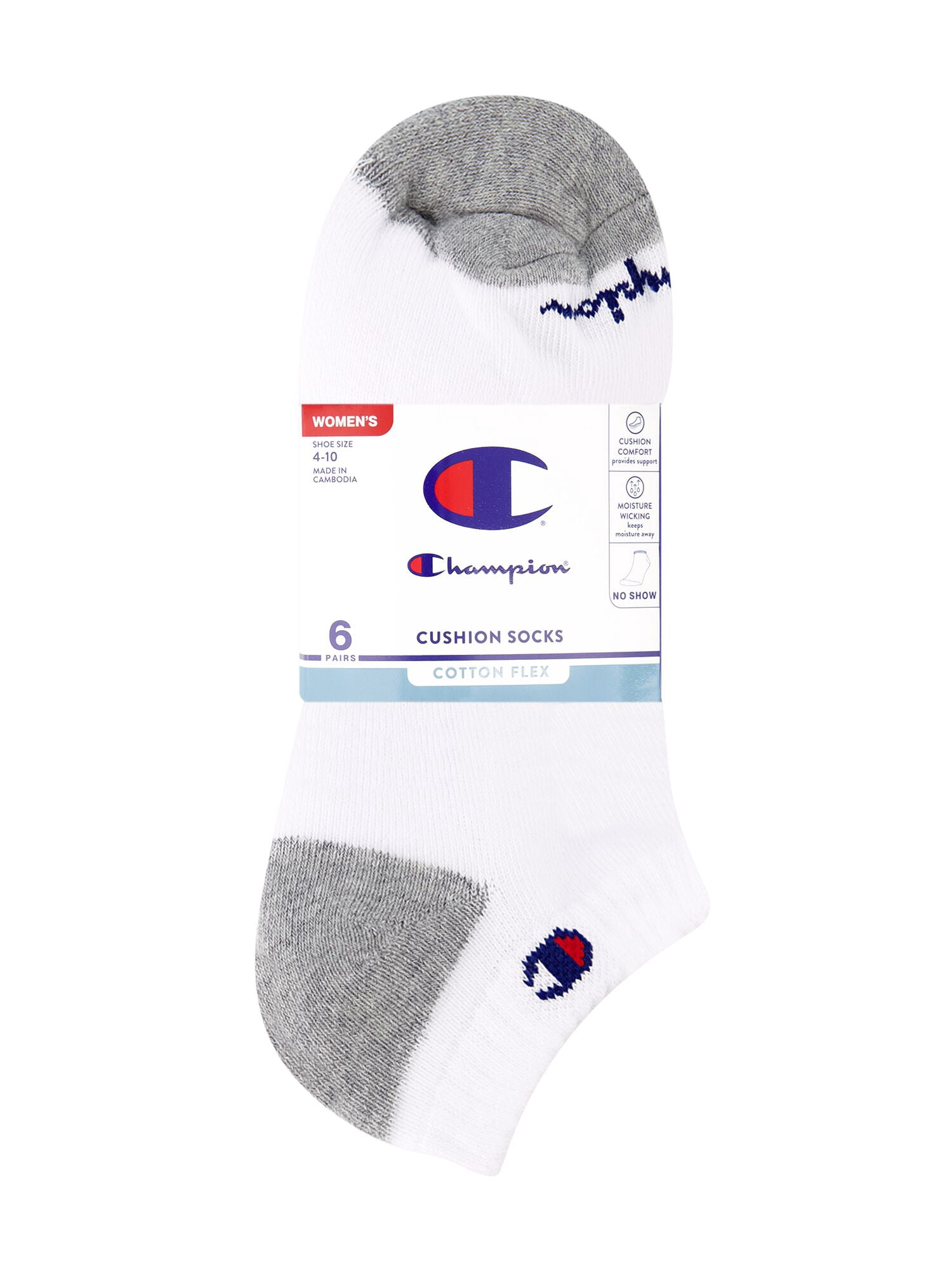 Champion Women’s Cotton Flex No Show Cushioned Socks, 6 Pack, Sizes 4-10