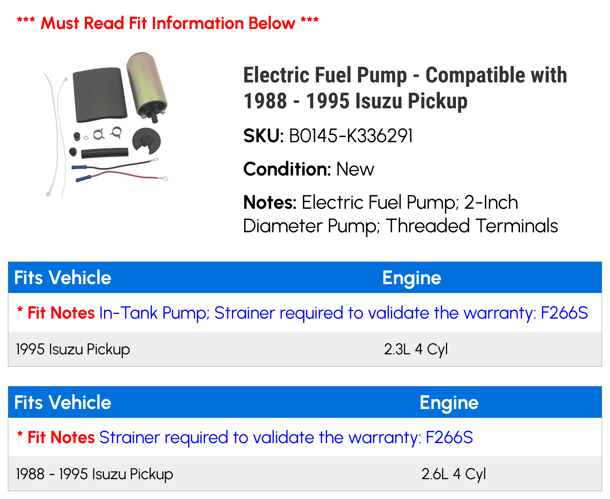 Electric Fuel Pump - Compatible with 1988 - 1995 Isuzu Pickup 1989 1990 1991 1992 1993 1994