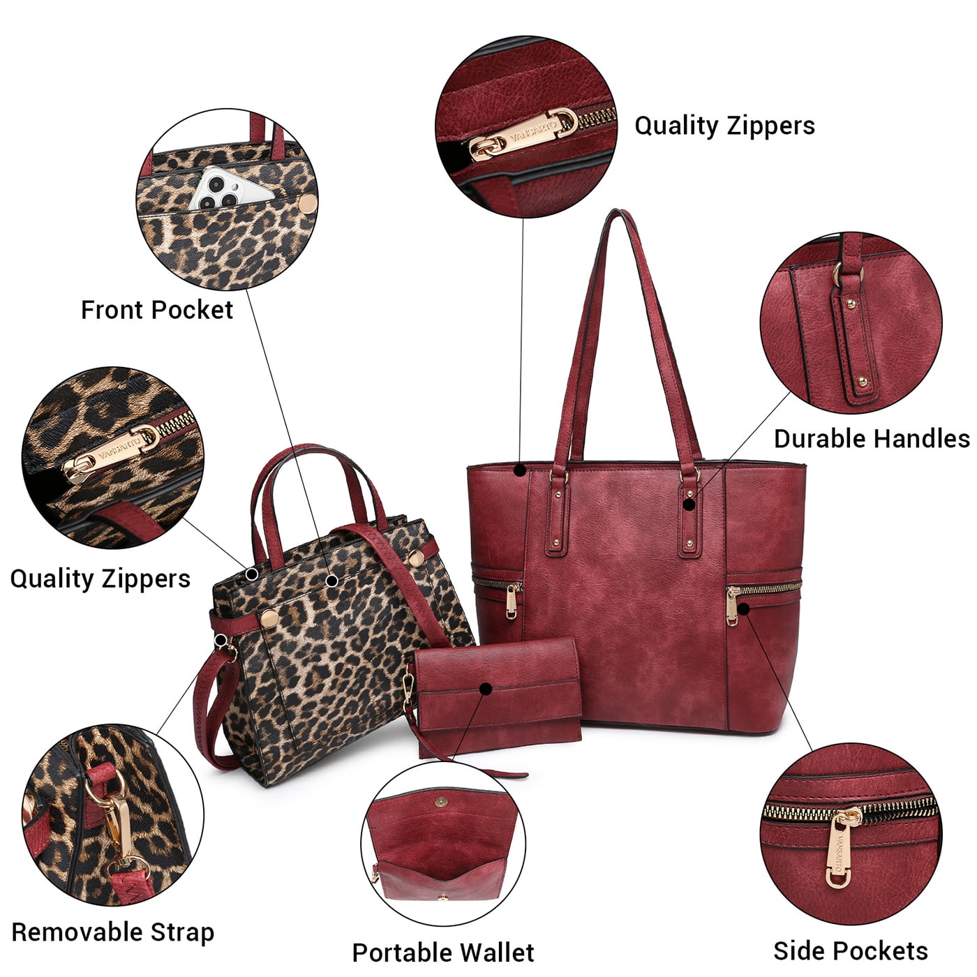 VANSARTO Women's Large Handbags Work Tote Vegan Leather Satchel Bag 3 Pcs Purse with Wallet, Burgundy/Leopard