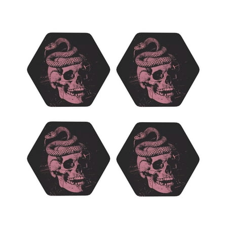 

Leather Coasters Set of 4 - Skull and Snake Art Lightweight Non-Slip Drink Coasters for Desk Anti-Scalding Desk Cup Coasters for Office Table Decor Hexagon