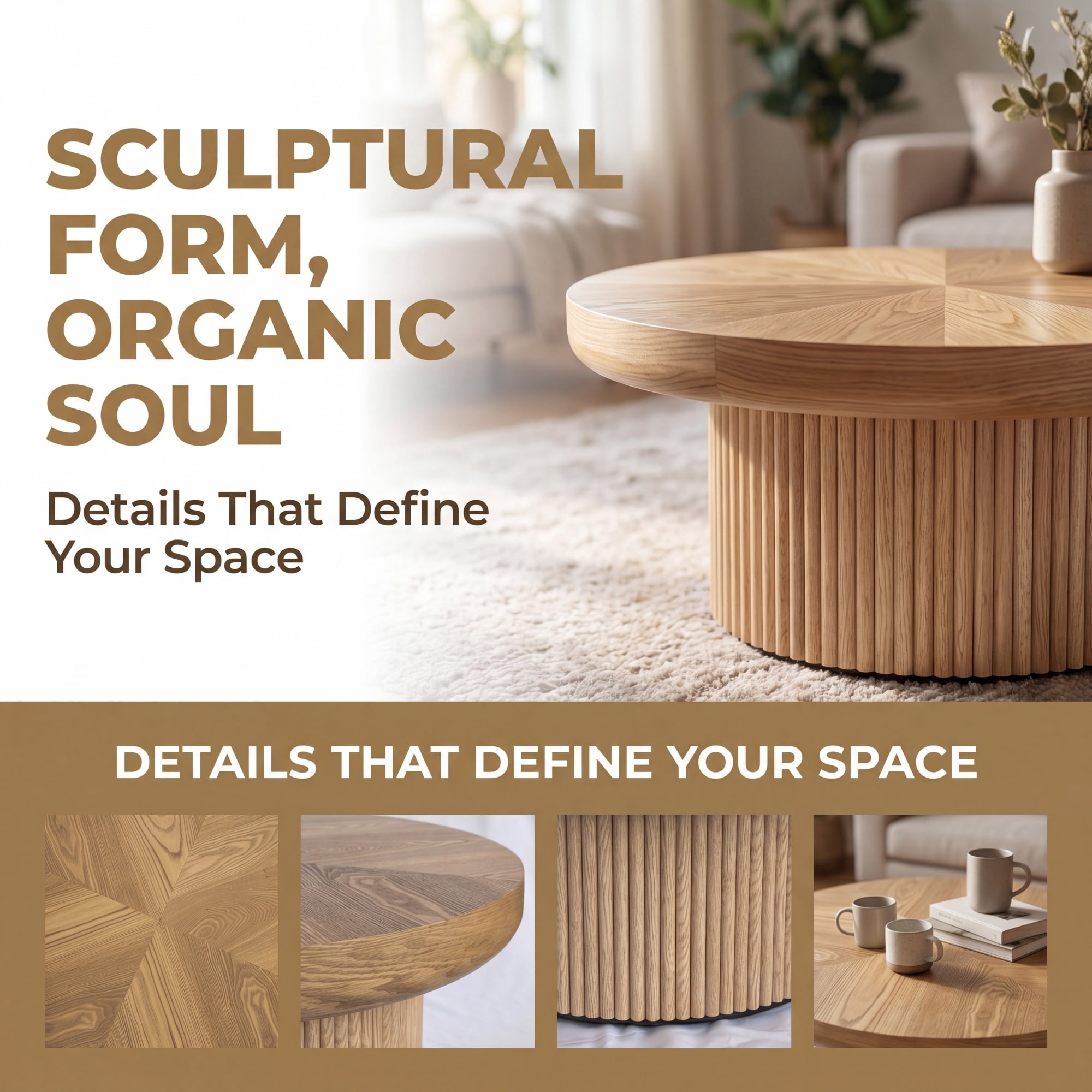 33.46'' Round Coffee Table with Fluted Cylindrical Base, Ash Wood End Table with Thickened Tabletop, Modern Cocktail Table