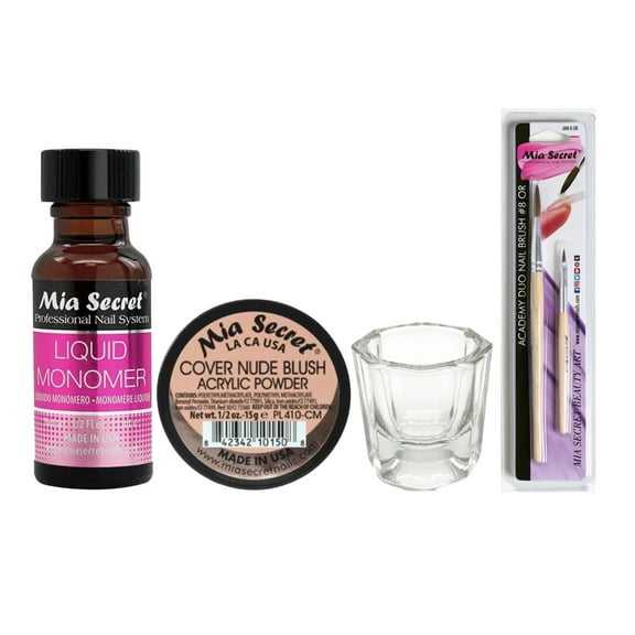 Mia Secret - Liquid Monomer 0.5oz   Cover Nude Blush Acrylic Powder 0.5oz   Dappen Dish   Academy Duo Nail Brush #8 OR - COMBO