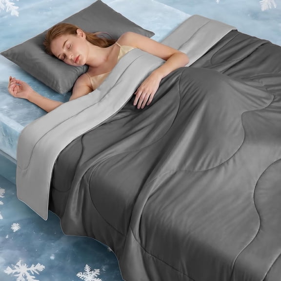 Queen Size Double-Sided Cooling Comforter with Q-Max Fabric Lightweight Breathable Summer Blanket Dark Grey 80"x90"