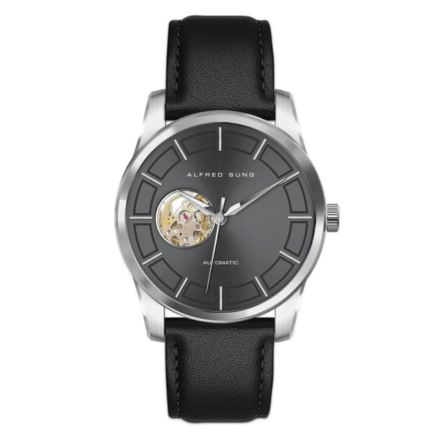 Alfred Sung Men's Automatic Silver Black Open Heart Dial Leather Watch