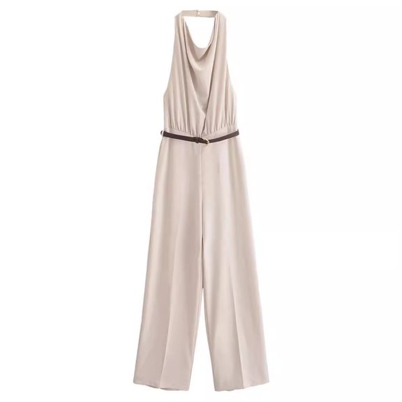 Womens 2024 Summer Sexy Backless Halter Collar Solid Long Jumpsuits Female Casual High Waist Slim Top Floor Pants With Blet