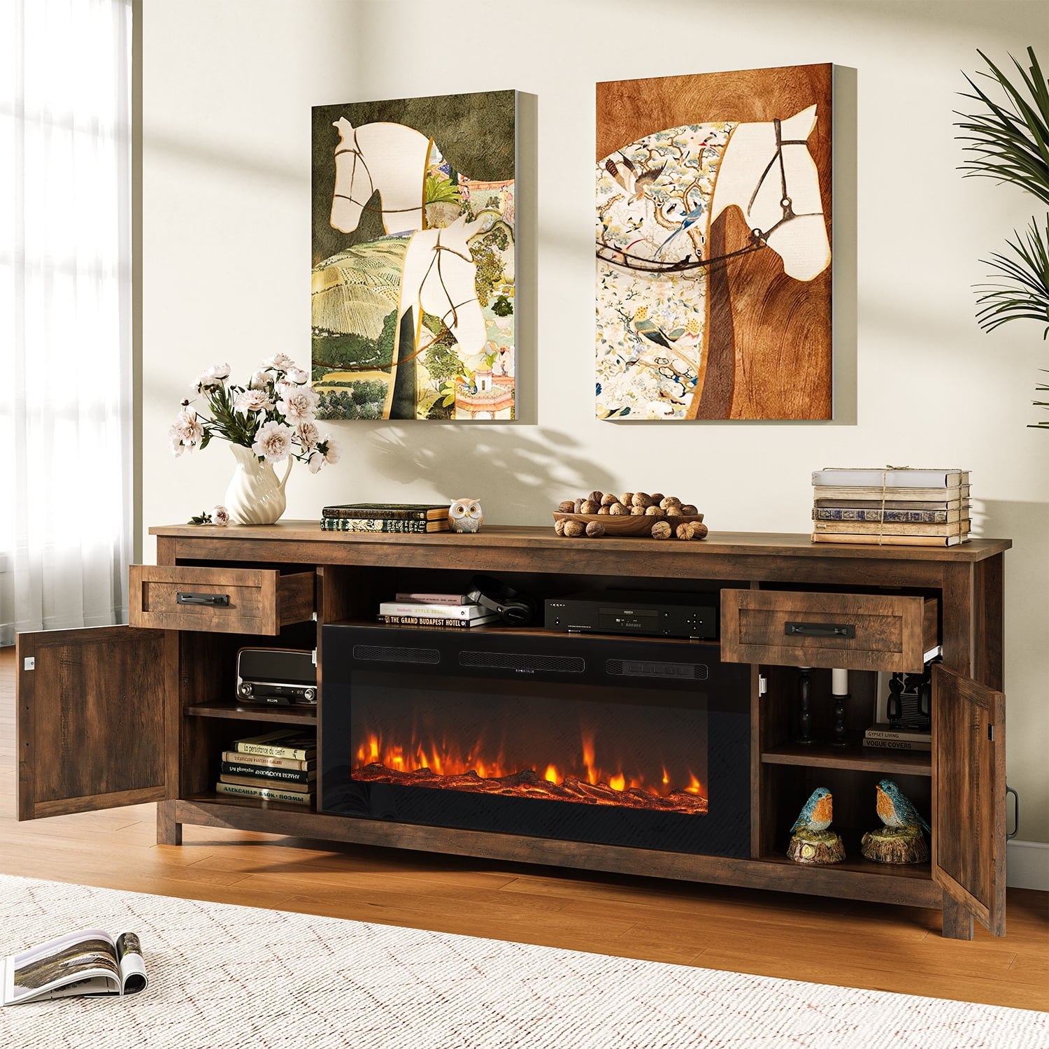 BaPiPro 70" Electric Fireplace TV Stand, Farmhouse Entertainment Center for TVs up to 80" with Storage Drawers, Rustic Brown